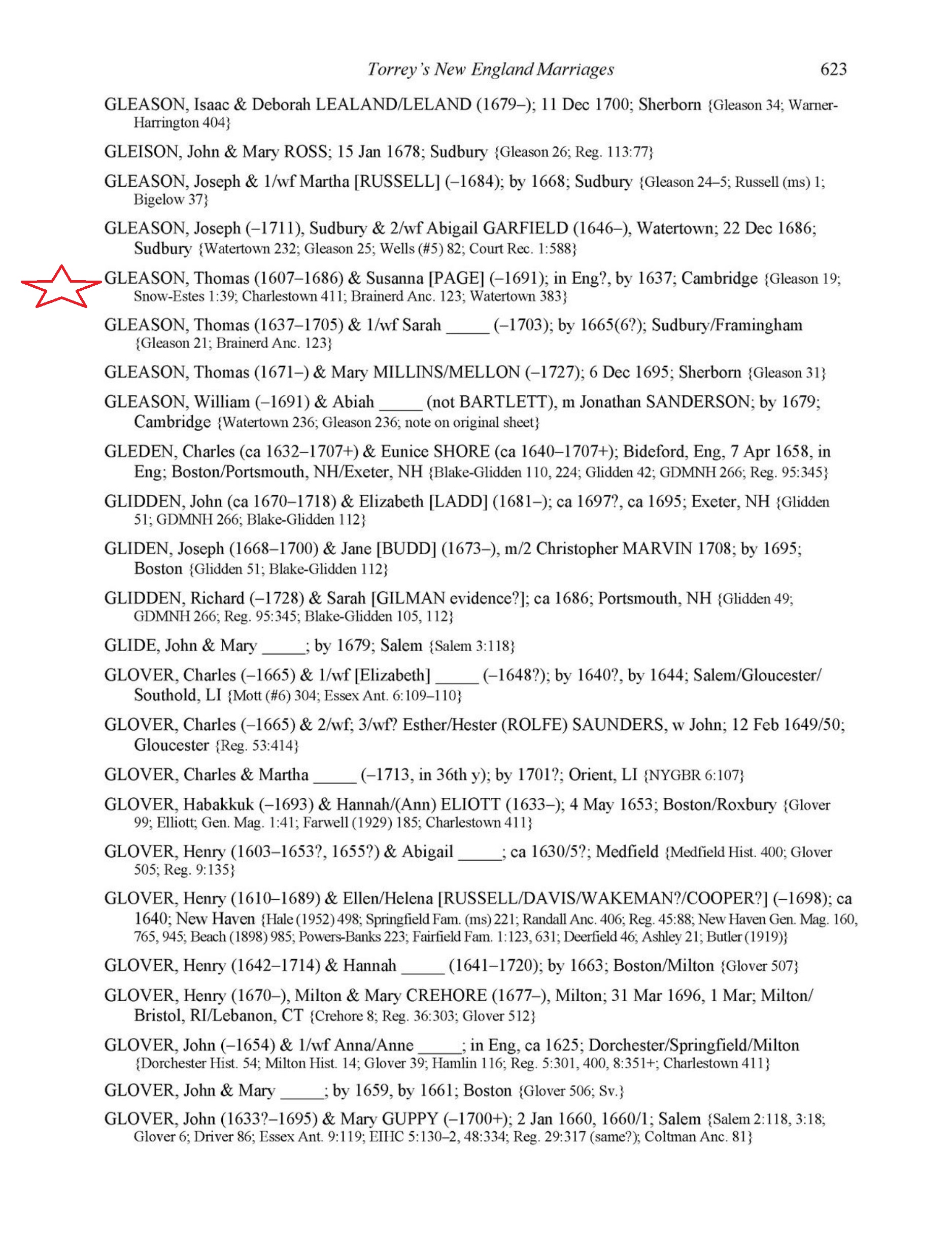 Torrey's Marriages Book with Thomas Gleason and Susannah Page