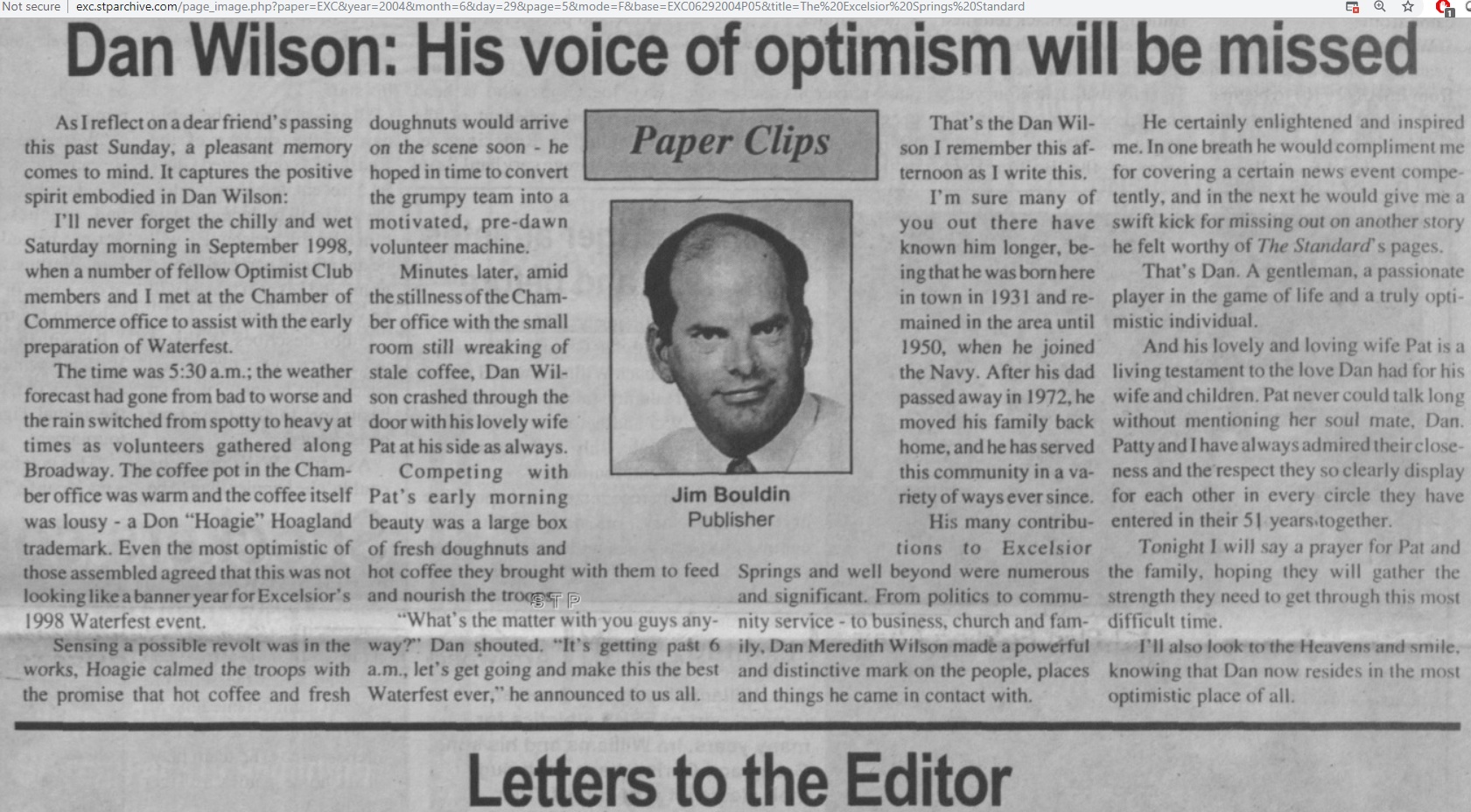 Newspaper Article of the Passing of Dan Wilson